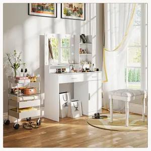 Dressing Table with Mirror, Vanity Table with 3-Color Dimmable LED Lights and Adjustable Brightness, White Vanity Set with Drawers and Open Shelves, Modern Vanity Table for Bedroom Makeup and Beauty Storage