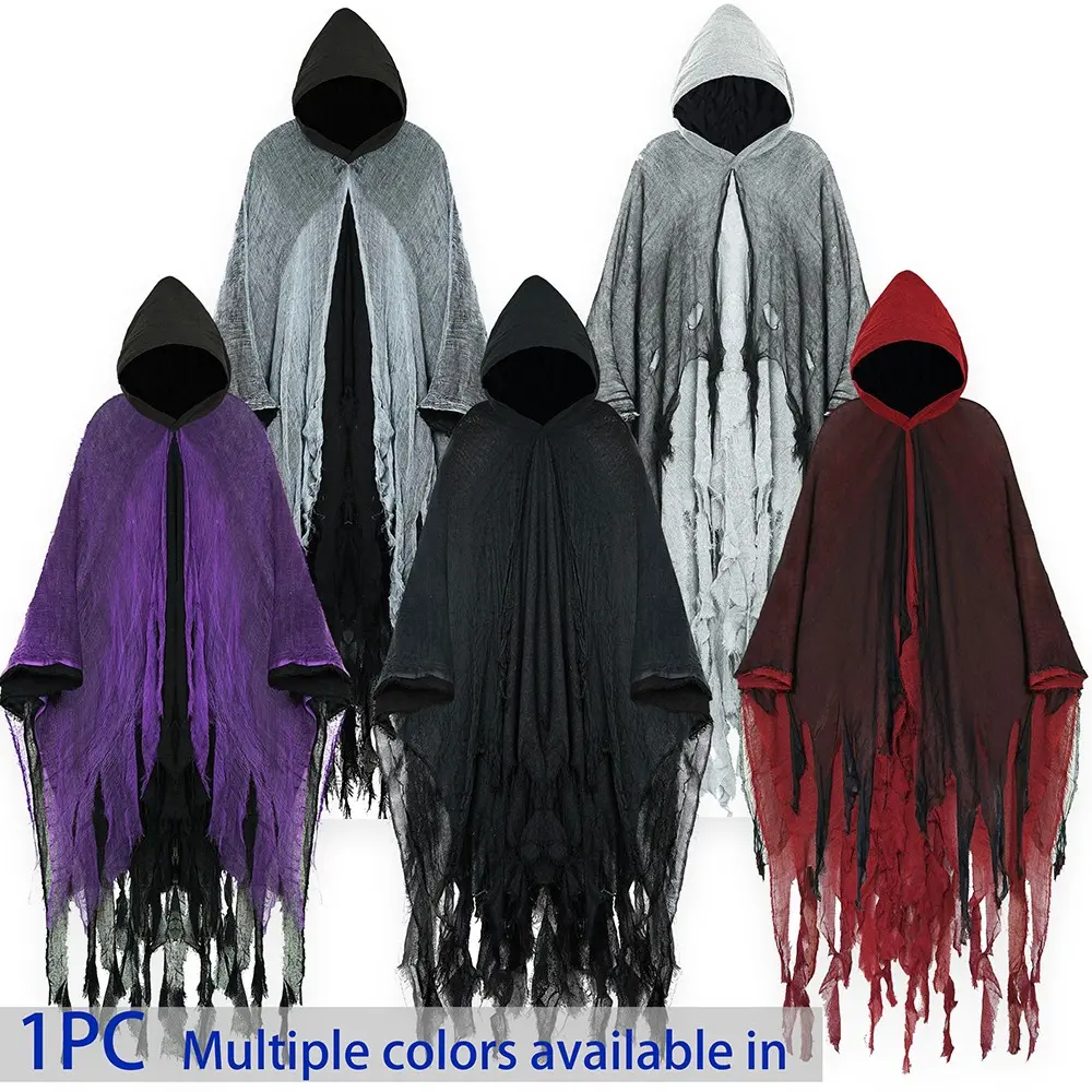 Horror Double-Layer Hooded Cape, Medieval Death Cloak, Witch Vintage Costume, Adult Unisex Festival Dress Up Prop, Halloween Carnival Party Style, Clothes