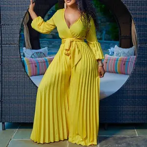 2025 Summer European and American Style V-neck Sexy Tie Pleated Wide-leg Plus Size Jumpsuit for Casual and Fitness Wear