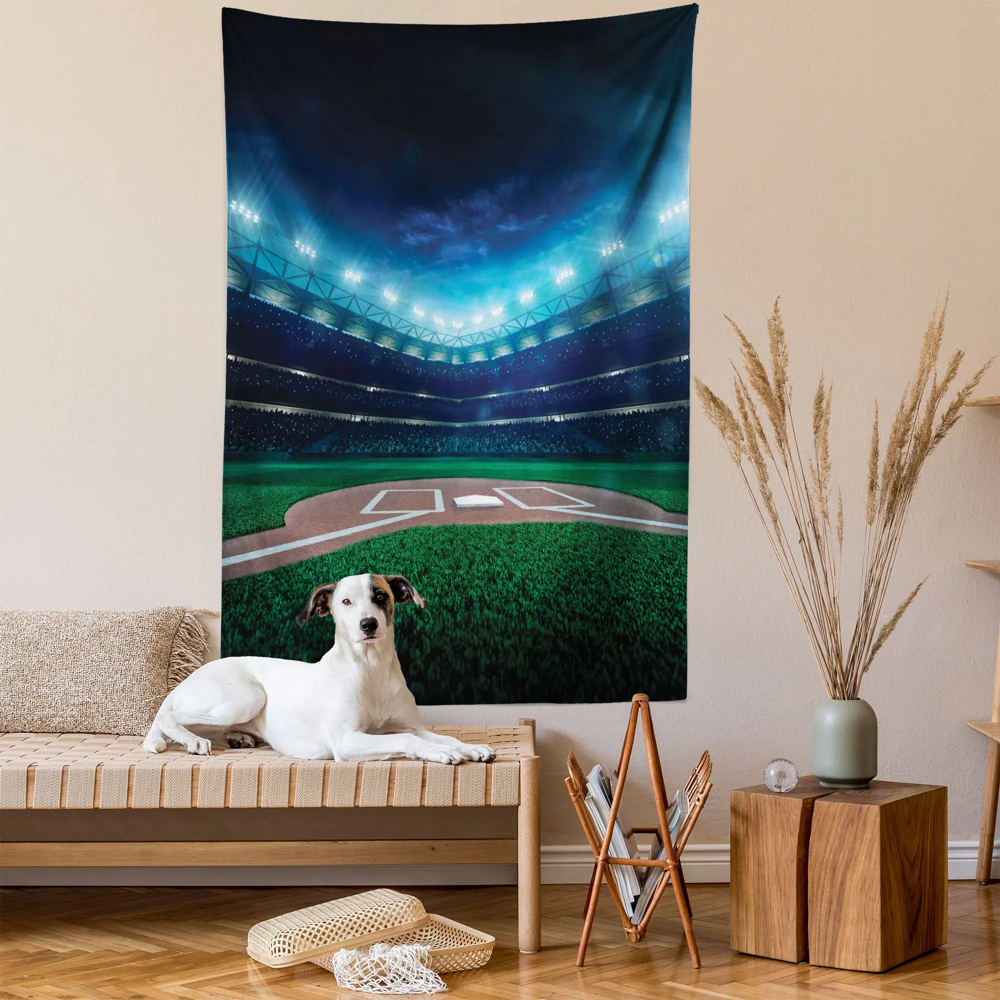 Baseball Tapestry, Professional Baseball Field at Night Vibrant Playground Stadium League Theme Print, Wall Hanging for Bedroom Living Room Dorm Decor, 60" X 80", Green Blue