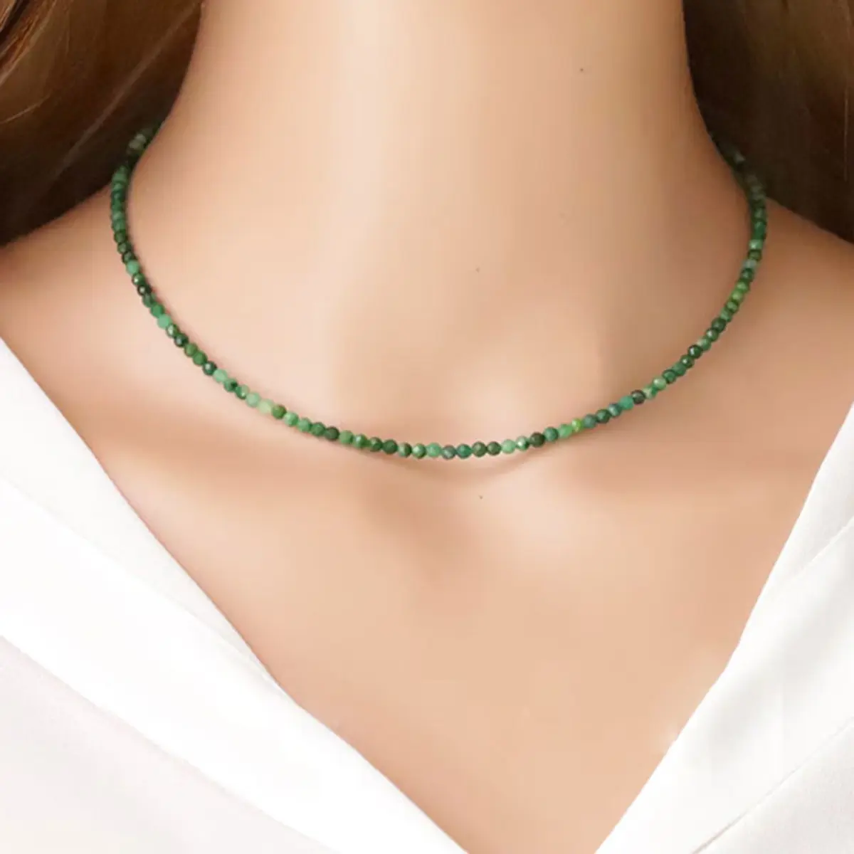 2mm Natural Emerald Necklace fore Women - Gemstone Beads Green Necklace - Adjustable Energy Crystal Jewelry - Perfect Gift for Mother's Day
