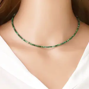2mm Natural Emerald Necklace fore Women - Gemstone Beads Green Necklace - Adjustable Energy Crystal Jewelry - Perfect Gift for Mother's Day