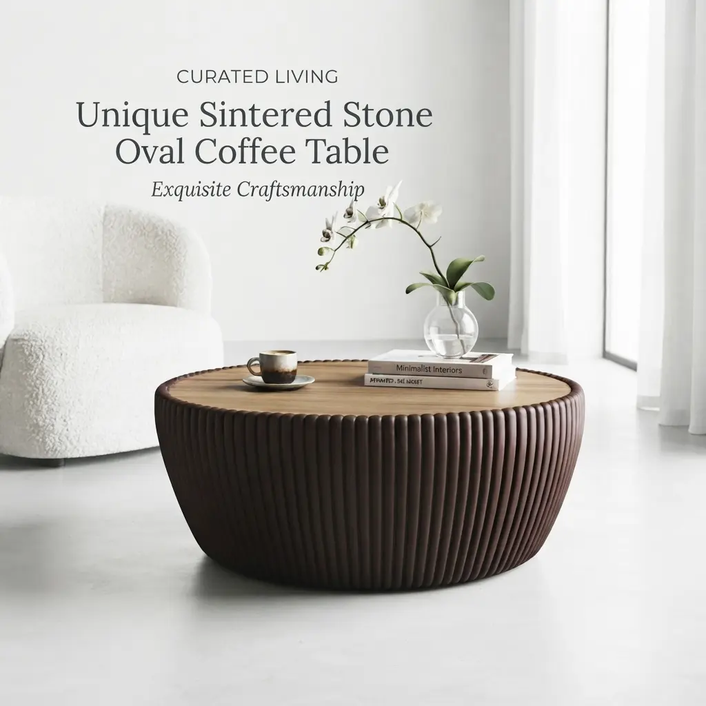 Sintered Stone Oval Coffee Table - Modern PU Leather Side Table for Living Room, Small Space & Apartment Friendly, No Assembly Required, Coffee Brown round cloud