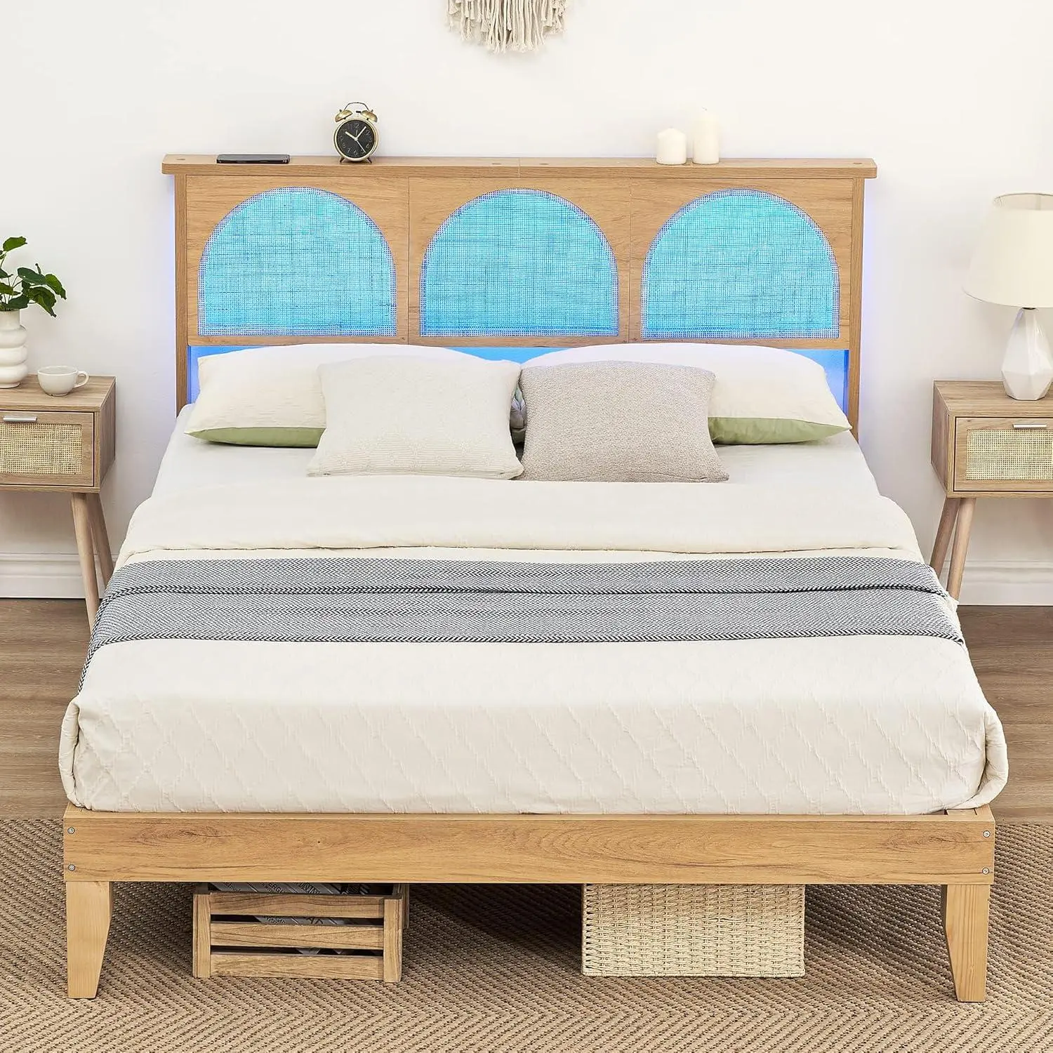 Rattan Queen Bed Frame with Headboard Natural Bed Frames with LED Lights and Storage Headboard Solid Wood Legs Noise Free No Box Spring Needed Easy Assembly