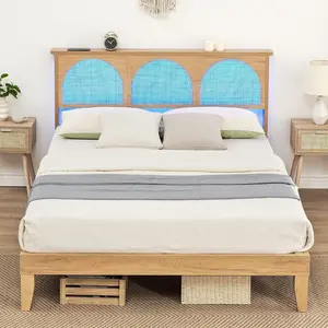 Rattan Full Bed Frame with Headboard Natural Bed Frames with LED Lights and Storage Headboard Solid Wood Legs Noise Free No Box Spring Needed Easy Assembly