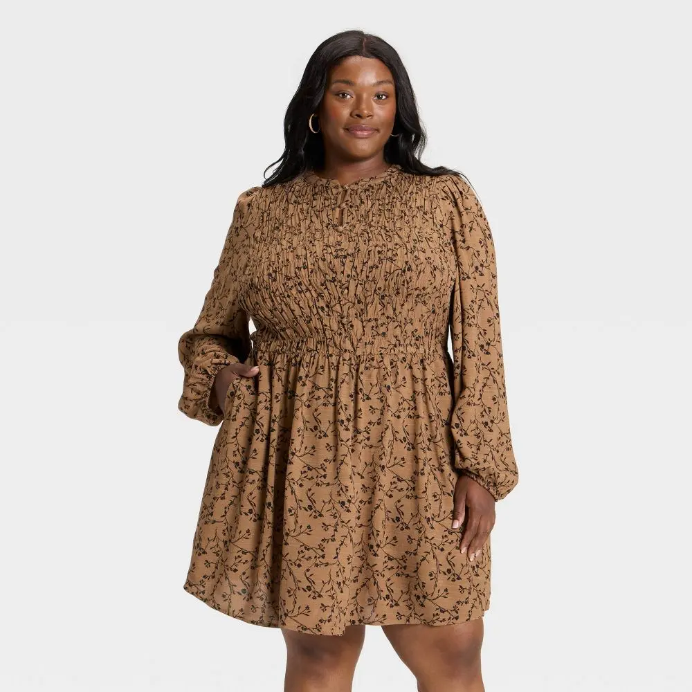 Women's Bishop Long Sleeve Button-Up Smocked Mini Dress - Ava & ViV