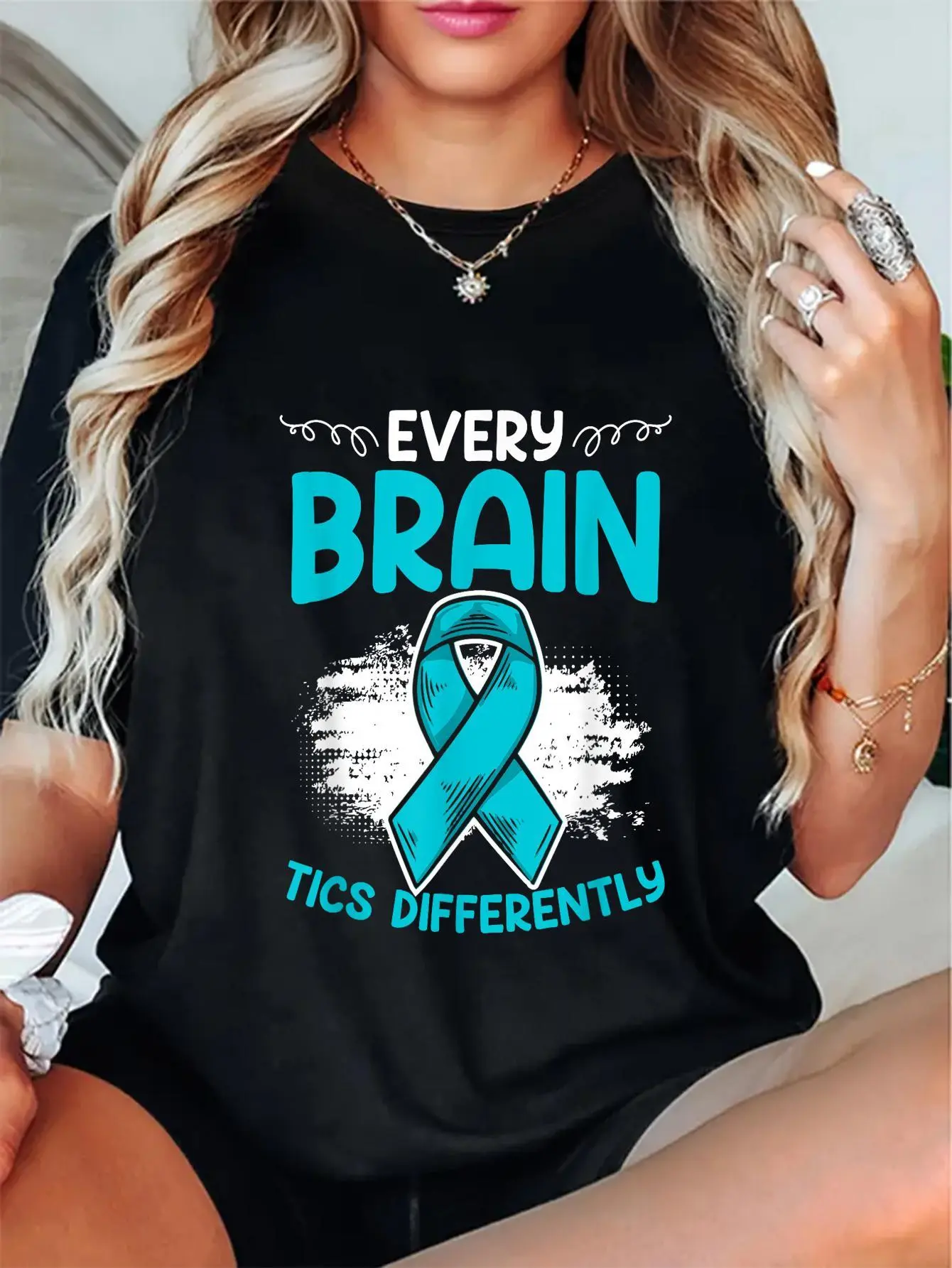 Women's 100% Cotton Relaxed Fit Short Sleeve T-Shirt - Everyday Soft Style, "Every Brain Tics Differently" Tourette Syndrome Awareness Vibe, Breathable Casual Top, Tshirt, Digital Print, Breathable Fabric, Printed Text