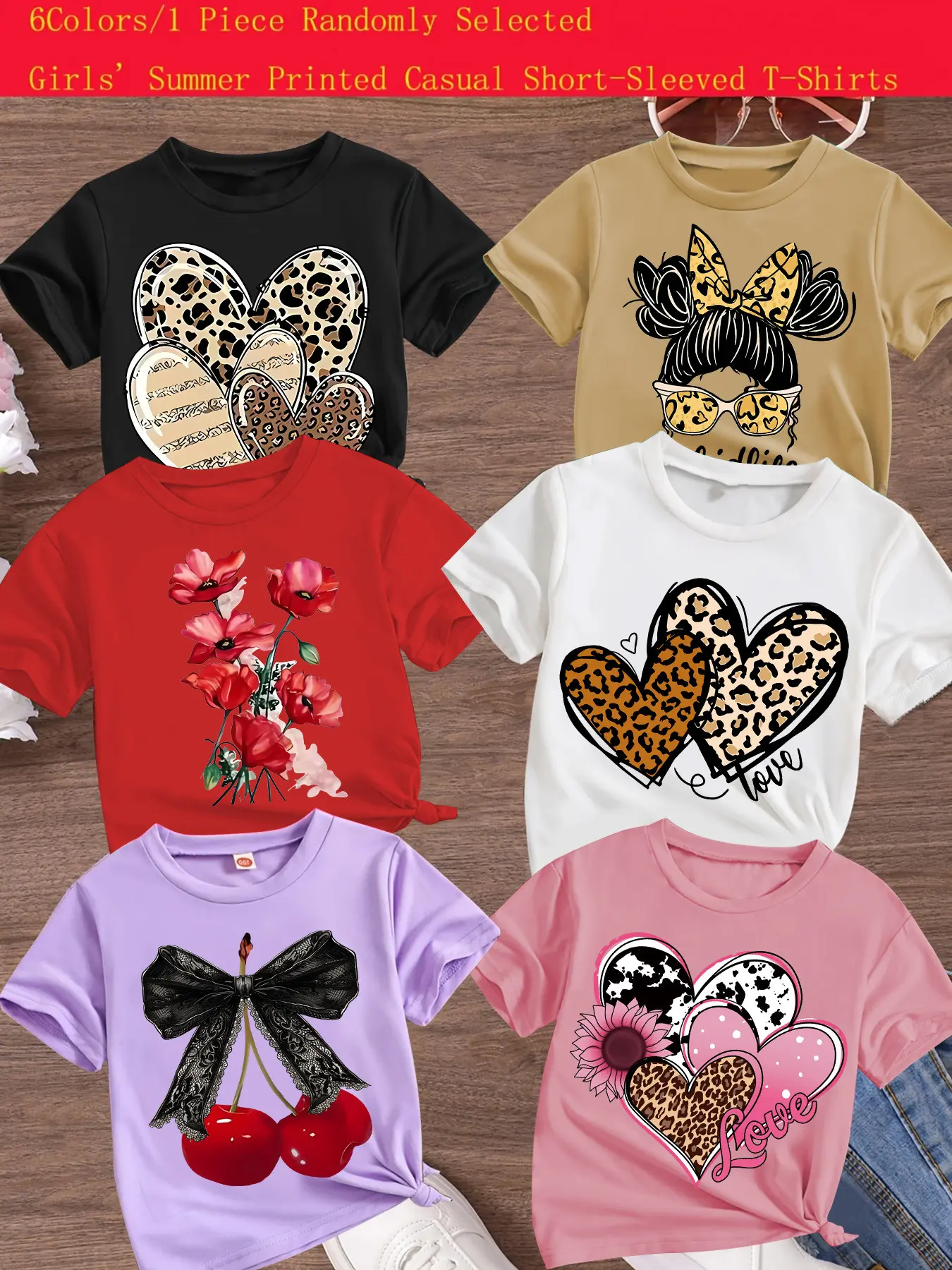 Girls' Summer Fashion Leopard Heart Cherry Print T-Shirt, Comfortable Loose-Fit Short Sleeve Top, Casual Long T-Shirt Gift