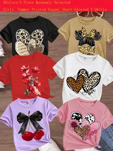 Girls Summer Trendy Leopard Heart Cherry Tee Print Comfortable Versatile Short Sleeve T-Shirt, Casual Loose Fit Clothing Gift, Cute Shirts