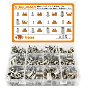 300PCS SAE & Metric Rivet Nut Kit,M3 M4 M5 M6 M8 M10 M12,8-32 10-24 1/4"-20 5/16"-18 3/8"-16,304 Stainless Rivnut UNC Flat Head Nutsert Assortment