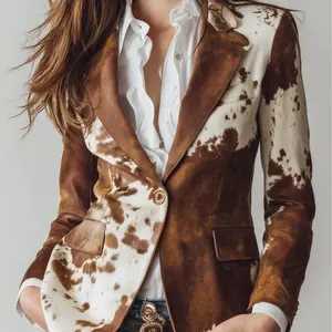 Vintage Cow Skin Print Eco-Friendly Suede Blazer | Women��s Western Cowhide Jacket | Sustainable Cow Print Coat