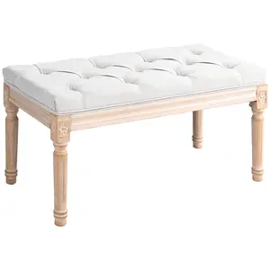 HOMCOM Bedroom End of Bed Bench, 32" Upholstered Entryway Bench with Button Tufted, Thick Padding and Wood Legs, French Vintage Style Linen-Feel Ottoman Bench for Hallway, Living Room, Cream White