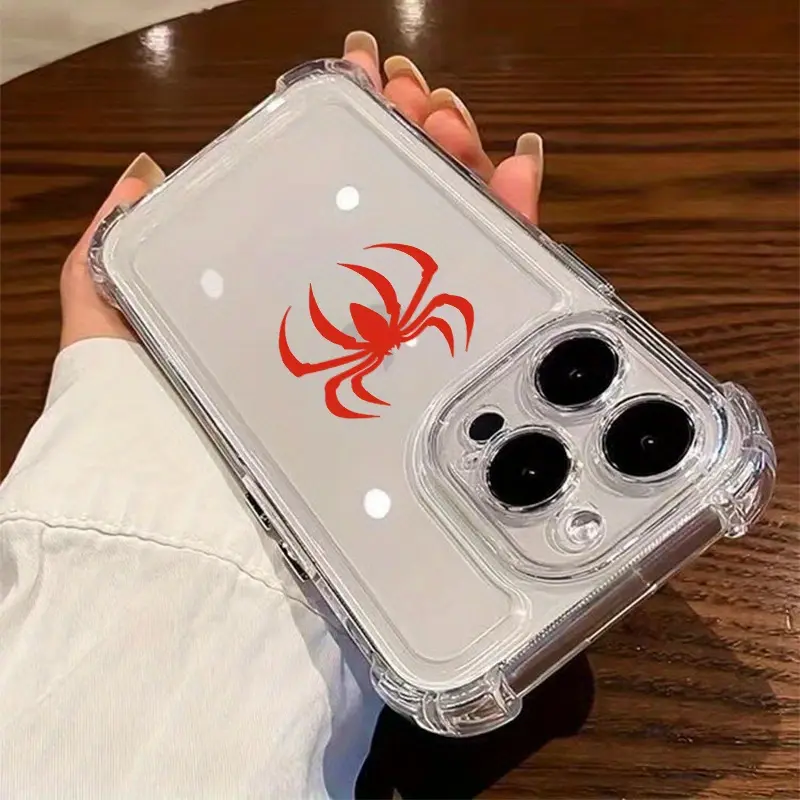 A clear phone case with a simple spider design suitable for iPhone models such as 16, 15, 14, 11, 12, 13 Pro, XS Max, X, and XR, providing lens protection. This transparent phone case is also suitable for iPhone models like 14, 13, 12, 11, 7, 8, 6S as a p