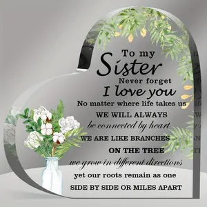 Acrylic Heart-Shaped Plaque, Sister Keepsake Paperweight with "We Never Walk Alone" Message, Decorative Gift for Sisters for Valentine's Day or Birthday, Decor Support