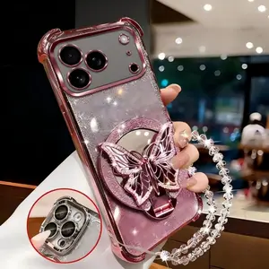 All-new 4-in-1 four-corner shockproof, Protective phone case set with flash card, mirror butterfly stand and clear beaded bracelet, All-round buffer and anti-drop protection, stylish and practical, Compatible with iPhone 13/14/15/16/17