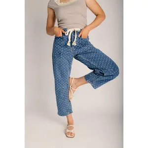 The Delisa Polka Dot Denim Barrel Pant in Blue