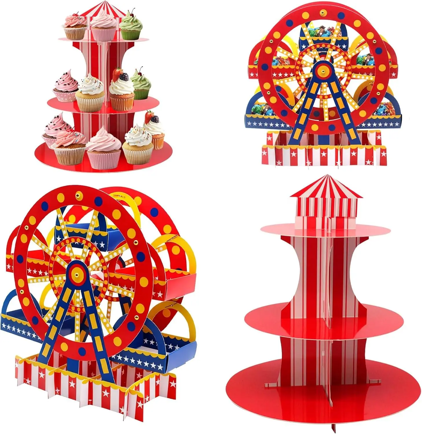 4 Sets Carnival Theme Ferris Wheel Centerpieces and Cupcake & Candy Stands | 3 Tier Carnival Circus Theme Supplies for Dessert Table Cake Topper Candy Holder Tabletop Decorations