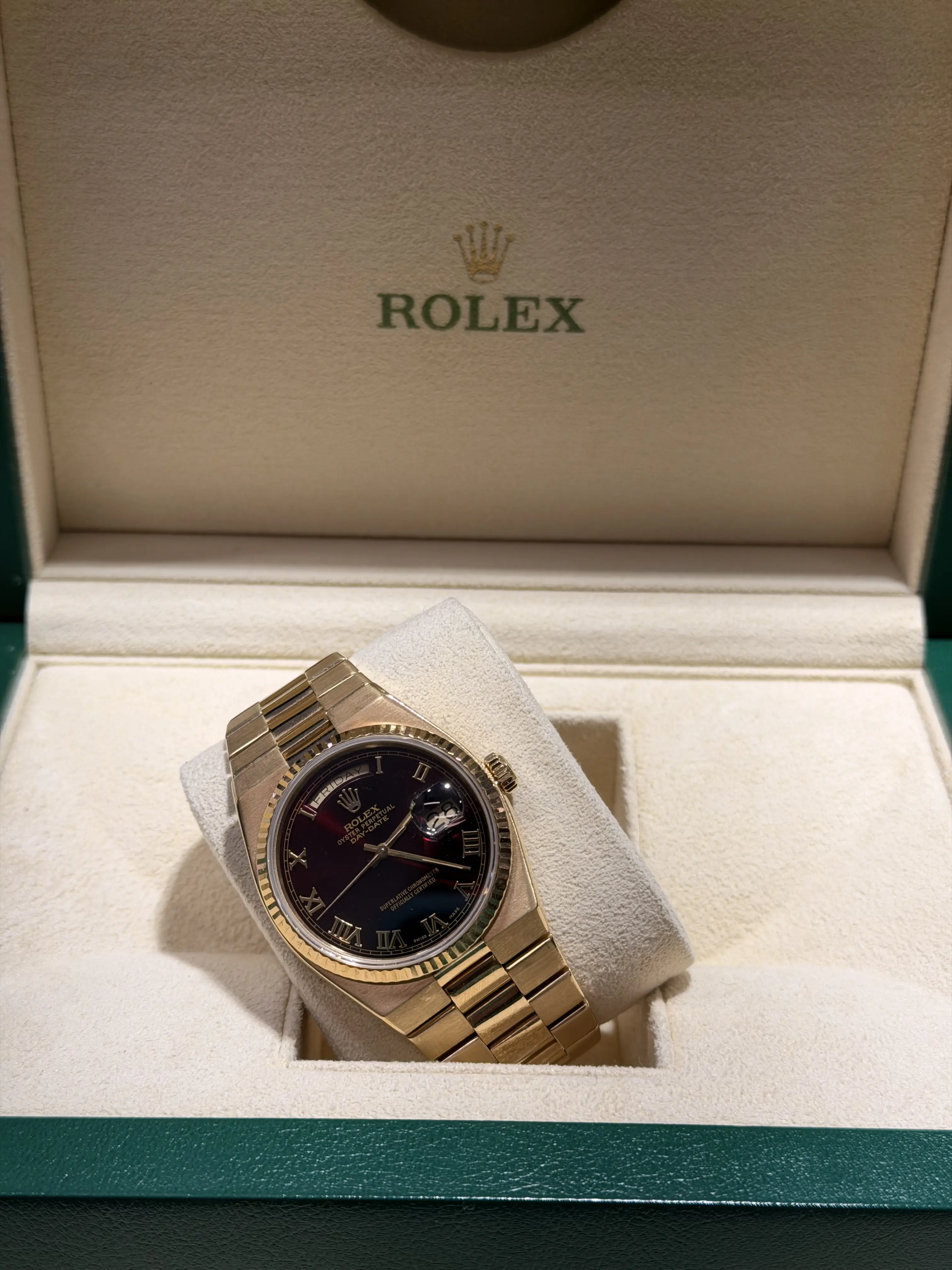 Rolex Day-Date 36 mm Red Brown Vignette Dial 18K Yellow Gold Watch