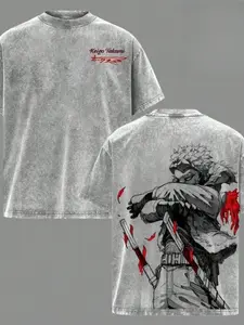 Retro Washed T-Shirt, Unisex Heavyweight Cotton Anime Print T-Shirt, Double-Sided Print Men's Short-Sleeved Shirt, Perfect For Anime Lovers.