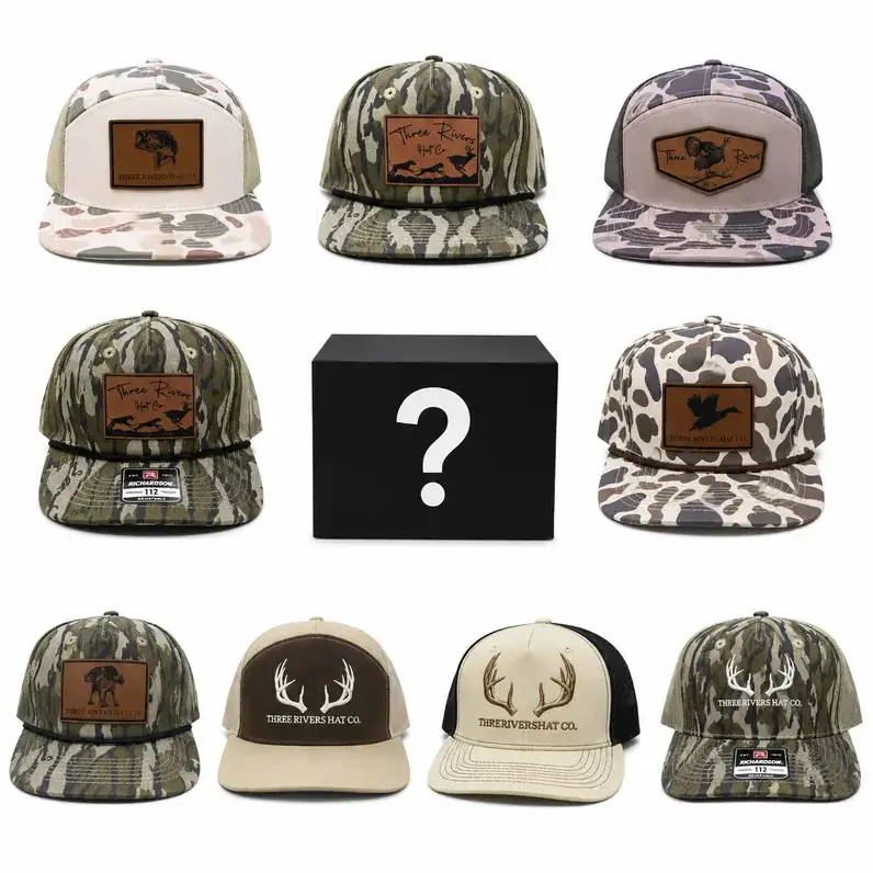 ( HOT DEAL 2026) Three Rivers Hat Collection One Hat Sent, Leather Patch/ Embroidered Hunting/ Fishing Theme Snapback Gift for Hunters, Camo 7 Panel Snapback Gift
