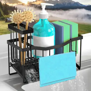 Sponge Holder for Kitchen Sink with Auto Draining Tray,Kitchen Sink  Organizer with Rag Holder, Rustproof Stainless Steel Kitchen Organizers Soap Dispenser Storage Organize