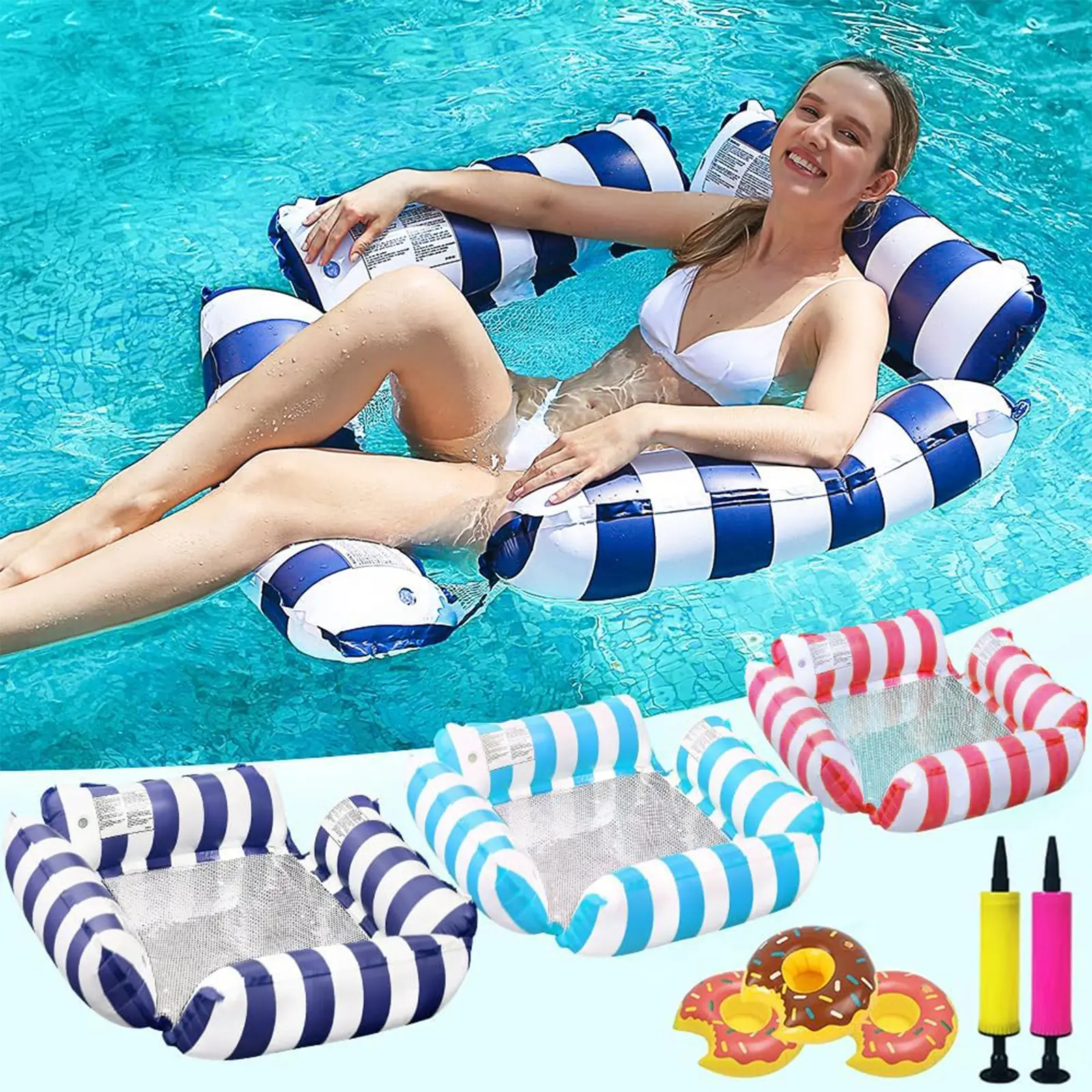 3 Pack Inflatable Pool Chair Float, Water Hammock Lounge Chair, Multi-Purpose Drifter Pool Floats for Summer Pool Lake Beach