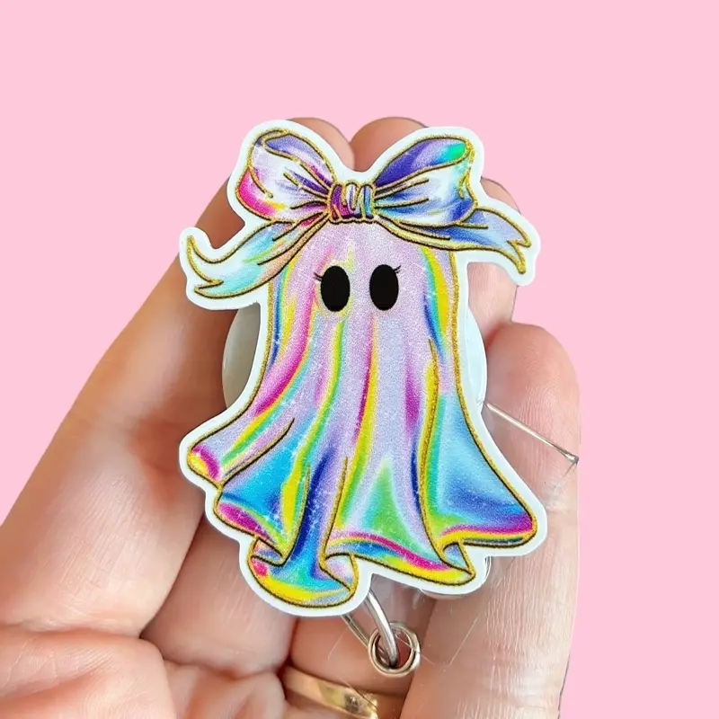 Glitter My Badge Halloween pastel ghost Spooky nurse badge reel for nurse and hospital workers. Badge clip Badge pull - Retractable swivel clip with a 360 rotation. Great gift for coworker.
