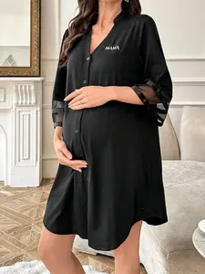 Chiffon Patchwork 3/4 Sleeve Loose V-Neck Cardigan Maternity Loungewear Dress with Embroidery and Button Front for Spring Summer