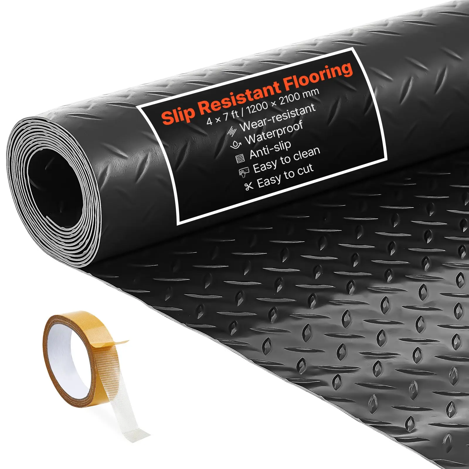 VEVOR Garage Floor Roll, 4x 7 ft Garage Flooring Mat, 2.2 mm Thickened PVC Diamond Plate Floor Protector Mat with Double-sided Tape, Non-Slip, Easy to Clean for Warehouse, Gyms, Trailer, Black