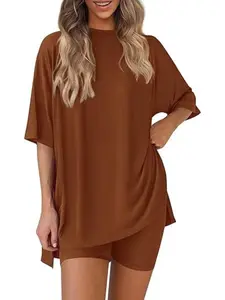 Women's Casual Round Neck Split Loose Shorts Sleeve Home Wear Set, Comfortable Loungewear for Daily Use