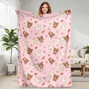【Flannel Blanket】Kawaii Rilakkuma Knitted Flannel Throw Blanket - Figure Print Blanket, Cartoon-Printed Bed Accessories, Soft Warm Summer AC Use, Room Decor, Whimsical Decor, Cool Stuff for Room, Bedroom Gift,summervibes
