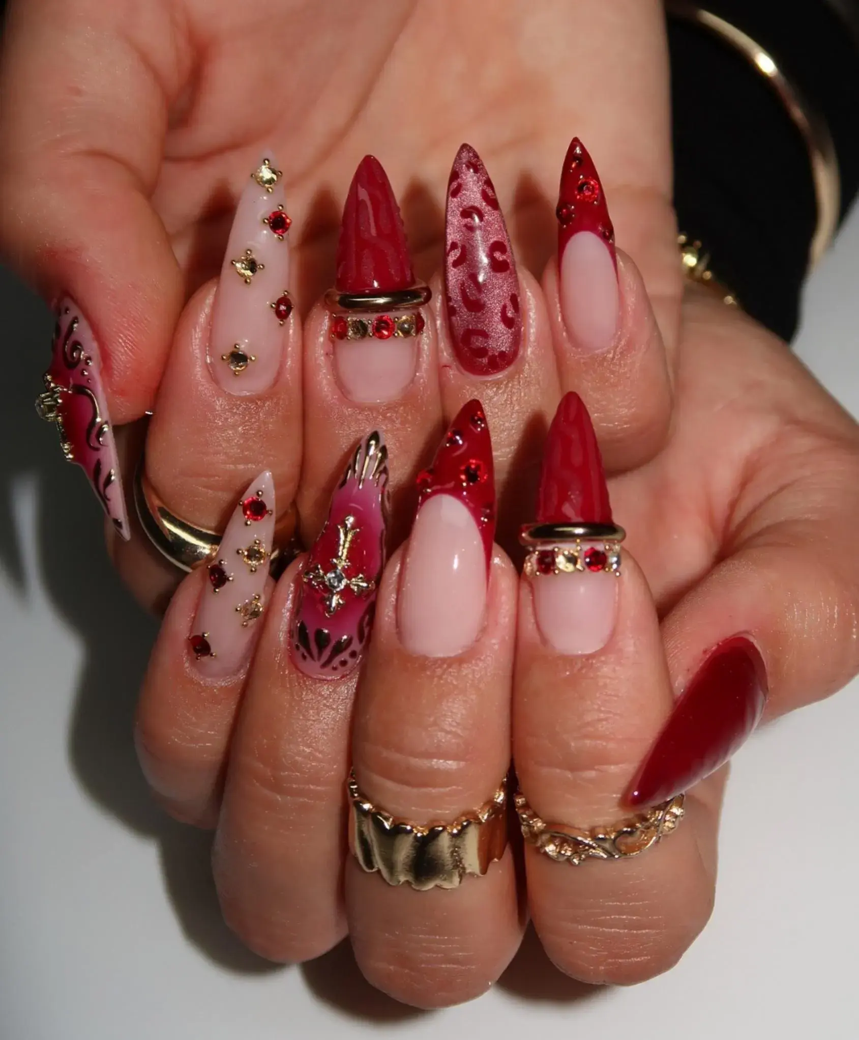 Gemstones Handmade Deep Red 3D Sweater & Leopard Press On Nails | Gothic Luxury Stiletto Fake Nails | Ruby Rhinestone Gold Cross Nail Art