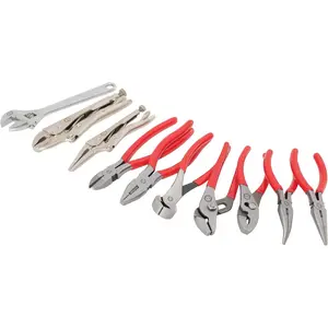 10- Pliers Set, Slip Joint, Long Nose, Diagonal ,  Joint, Linesman, Mini Long Nose, Locking Pliers, and Adjustable Wrench