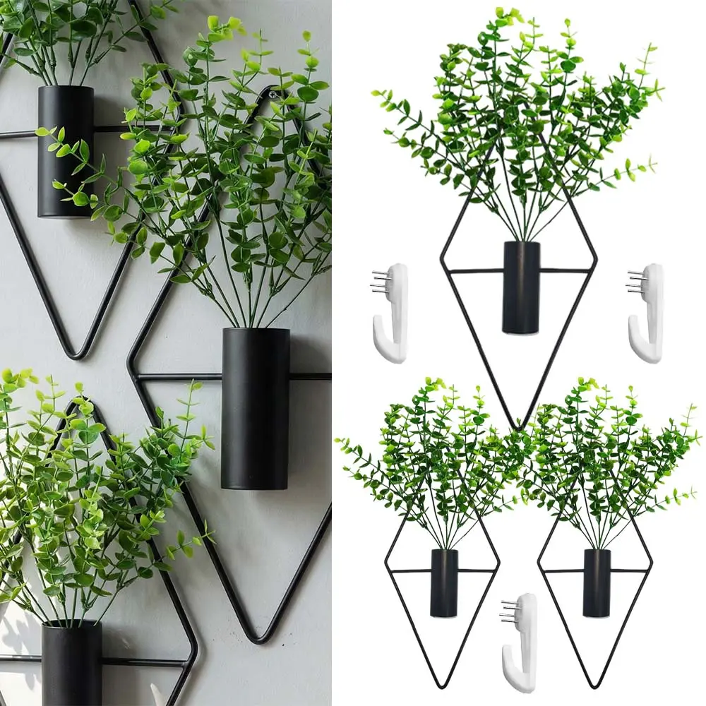 Minimalist 3-Piece Simulation Green Plant Set with Metal Frame Flower Rack, Hook & Geometric Lines - Wall Decoration for Living Room, Nature Vibe Home Accent