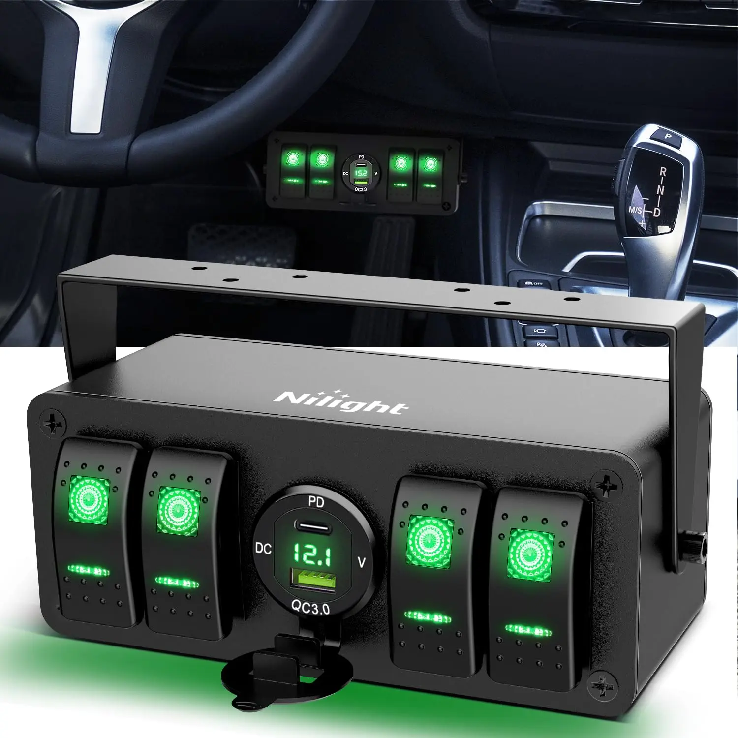 Nilight 4-Gang SPST ON-Off Toggle Switch Box - 12V Aluminum/ABS/PC Construction, Easy Disconnection, Pre-Wired Wiring Harness, Rotatable Bracket, PD Type-C & QC 3.0 USB Charger, Voltmeter, LED Light, Waterproof Mount Panel, DIY Stickers for Boat, Car, Vol