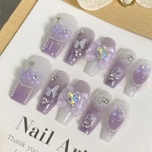 Press on Nails Handmade Cute Purple Flowers 3D Gel Summer 2025 /Prom