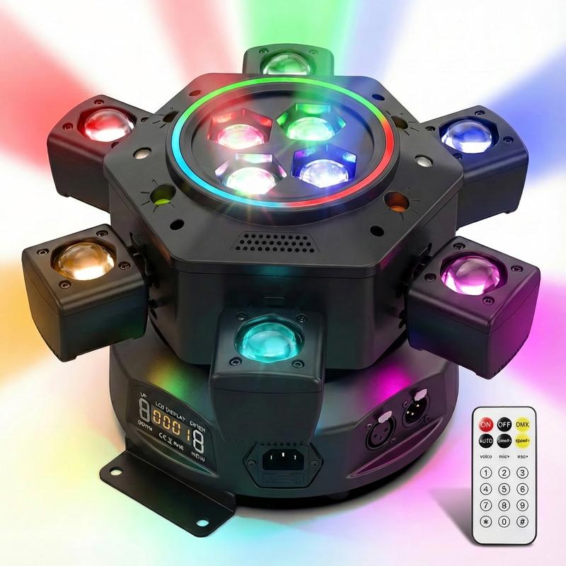 6-IN-1 Moving Head DJ Lights with RGBW 6-Arm Beams Bee-Eyes Effect 4 LED Strobes DMX-512 Sound Activated Stage Lights for Party Disco KTV Wedding Club 6-IN-1 Moving Head DJ Lights with RGBW 6-Arm Beams Bee-Eyes Effect 4 LED Strobes DMX-512 Sound Activated Stage Lights for Party Disco KTV Wedding Club