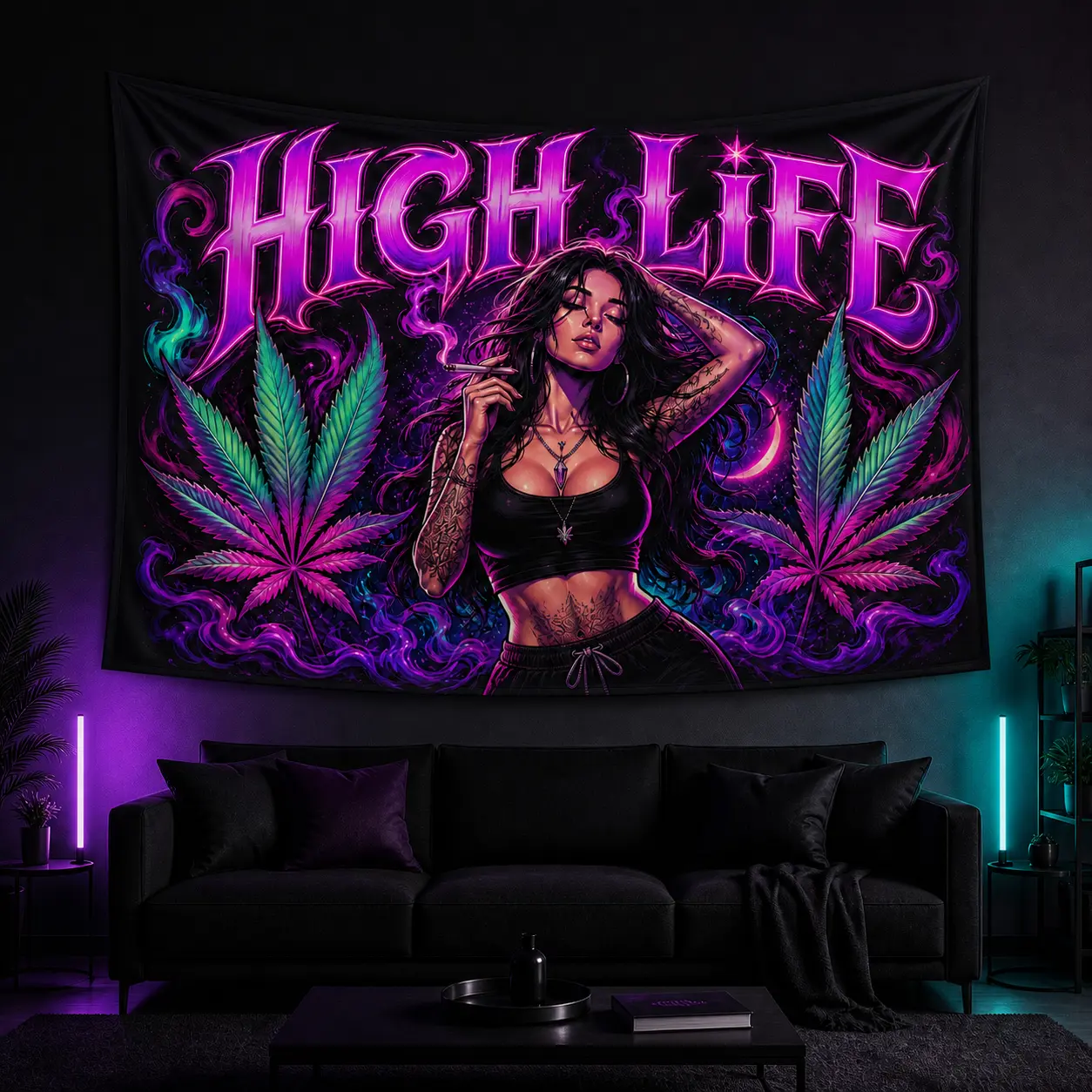 High Life Neon Wall Tapestry, Psychedelic Woman and Cannabis Leaf Art, Lightweight Linen Fabric Wall Hanging for Bedroom, Game Room or Dorm Decor