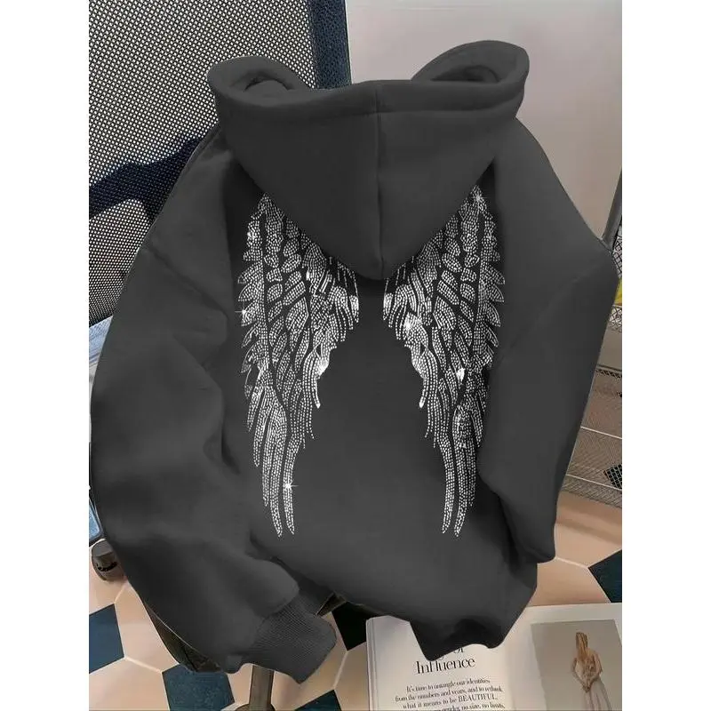 Women's Casual Long Sleeve Hoodie, Rhinestone Wing Pattern Pullover, Loose Fit, Fall & Winter Fashion, Suitable for All Seasons Women's Casual Long Sleeve Hoodie, Rhinestone Wing Pattern Pullover, Loose Fit, Fall & Winter Fashion, Suitable for All Seasons