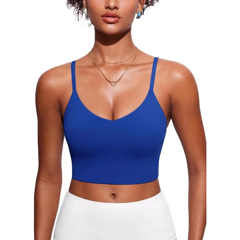 Women's Ribbed V-Neck Longline Swim Top, Padded Athletic Pullover Bikini Top with Adjustable Spaghetti Straps, Cotton, Padded Strap, No, Magenta