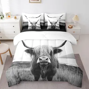 Highland Cow 7Pcs Bed in A Bag 3D Bull Cattle Bed Set,Wildlife Farmhouse Bedding Set with Comforter Western Rustic Animal Cushion Covers Grey White Sheet Set for Adults