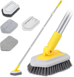 Shower Cleaning Brush with Locking , 3 in 1 Tub Tile Scrubber Brush with 50'' Extendable Long Handle Stiff Bristles Scouring Pads Microfiber for Cleaning Bathtub Shower Wall Bathroom
