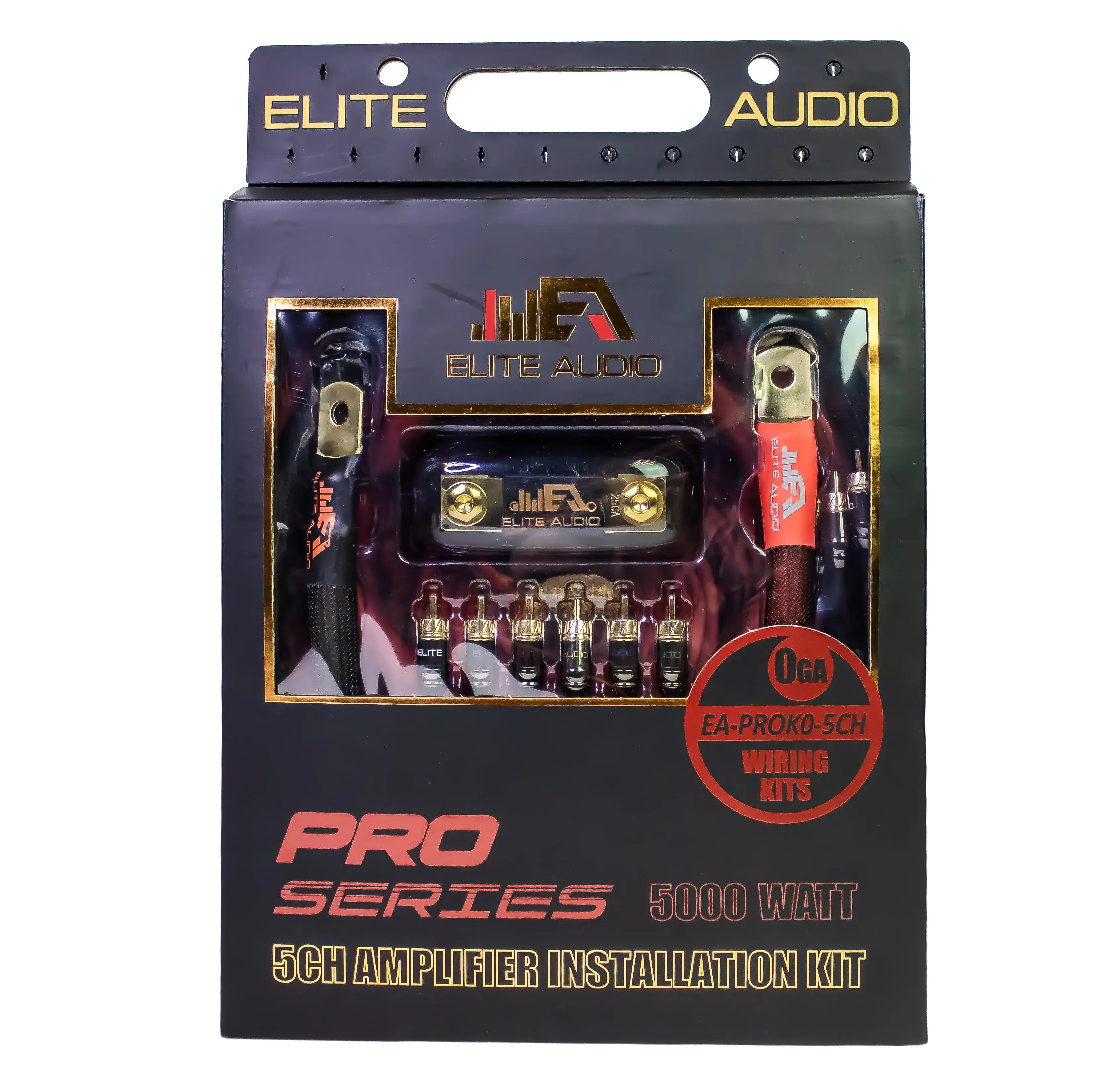 Elite Audio EA-PROK0-5CH Pro Series 0-Gauge 5-Channel Car Amplifier Installation Kit, 5000 Watts Power, 6-Channel Tinned Copper RCA Cable, Sound System Accessory with Holder & Remote