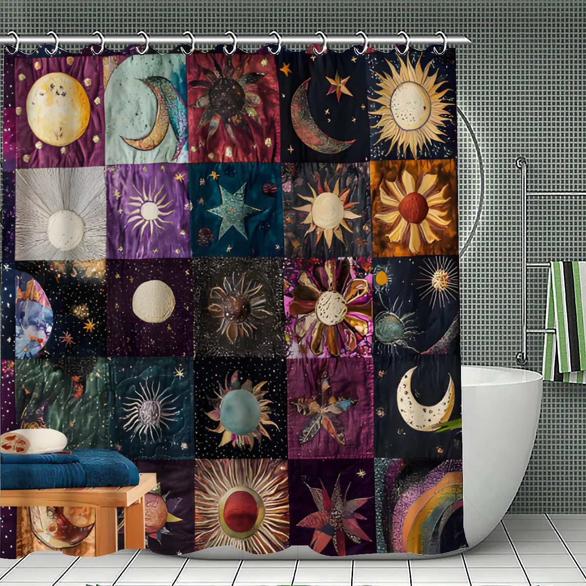 Sun & Moon Pattern Patchwork Waterproof Celestial Shower Curtain Set, Colorful Bathroom Curtains with 12 Hooks, Ideal for Home Hotel Salon Dormitory, Shower Decor, Pretty Shower Curtain, Aesthetic Shower Curtain