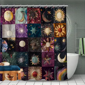 Sun & Moon Pattern Patchwork Waterproof Celestial Shower Curtain Set, Colorful Bathroom Curtains with 12 Hooks, Ideal for Home Hotel Salon Dormitory