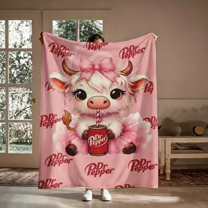 Cute Dr Pepper Highland Cow Flannel Blanket, Pink Bow Cattle Plush Soft Throw, Cozy For Couch Bed Office Nap, Birthday Holiday Gift For Baby Kids Teen Girl Her, Multiple Sizes Portable Home Decor
