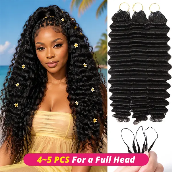 Uwigs Deep Wave Human Hair Weft Extensions for Braiding, Feather Crochet Style, Pre-Separated 50g Bundles, Natural Color