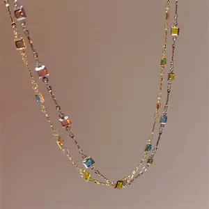 2pcs of five-color gemstone princess necklace, light luxury and minimalist, paired with a Bohemian resort-style collarbone chain, one Golden and one Silvery two-piece set