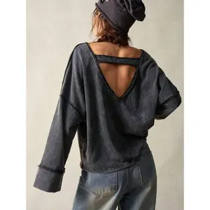 Women’s casual solid-color V-neck backless loose flared-sleeve sportswear, long-sleeved top
