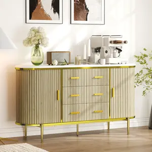 59in Large Sideboard Buffet Cabinet, Farmhouse Fluted Credenza Storage Cabinet Media TV Console Table with 6 Drawers 2 Sliding Doors for Living Room Kitchen
